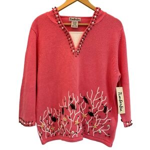 NWT Vintage 90s Large Timberlea‎ Hooded Coral Colored Reef and Fish Sweater